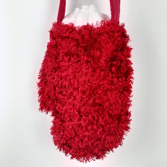 Santa Mitten Bag. Faux fur ugly sweater purse with white furry pom poms shimmery - Picture 6 of 11